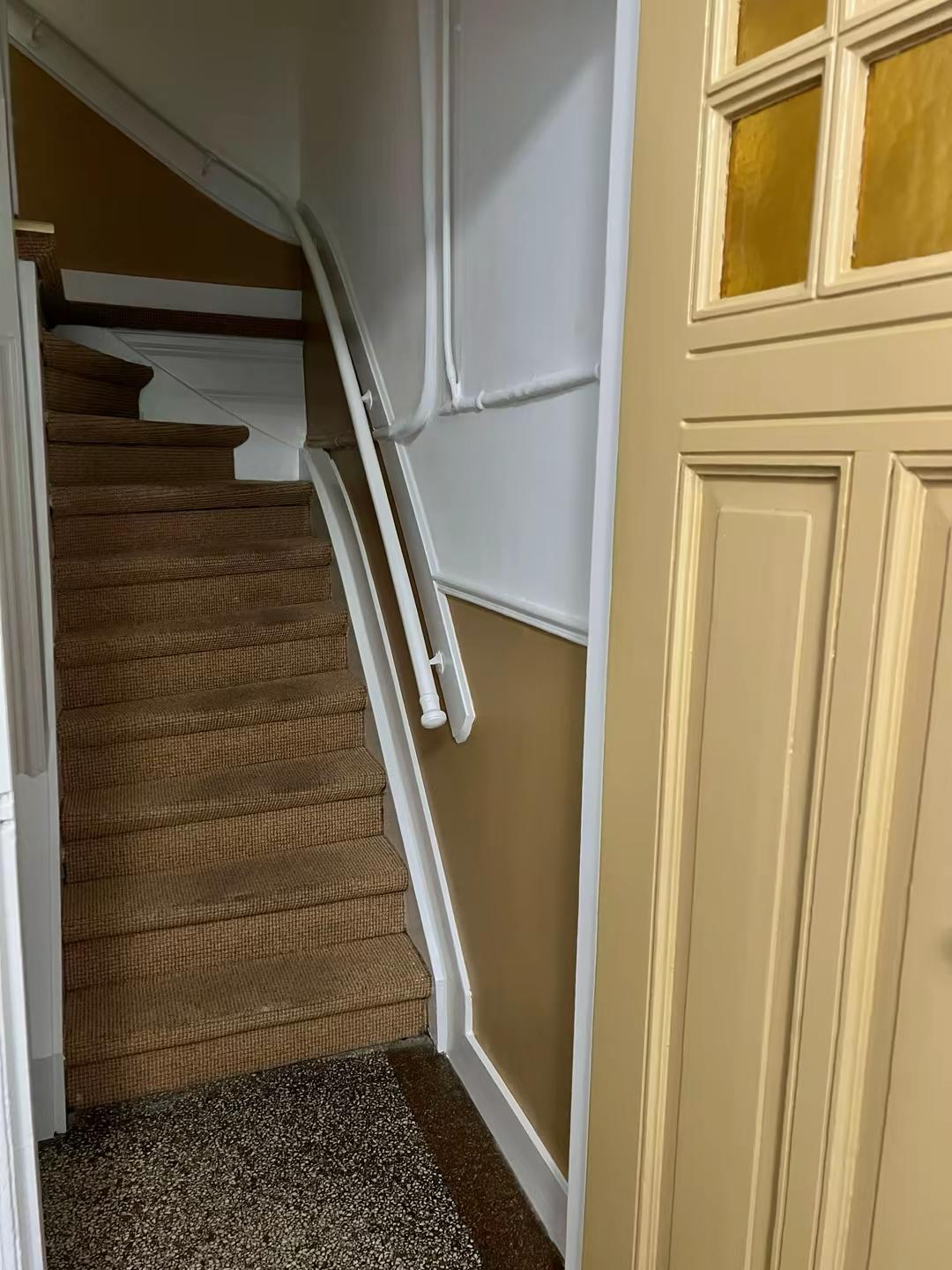 Trappenhuis met geschilderde wanden en deur in Rotterdam