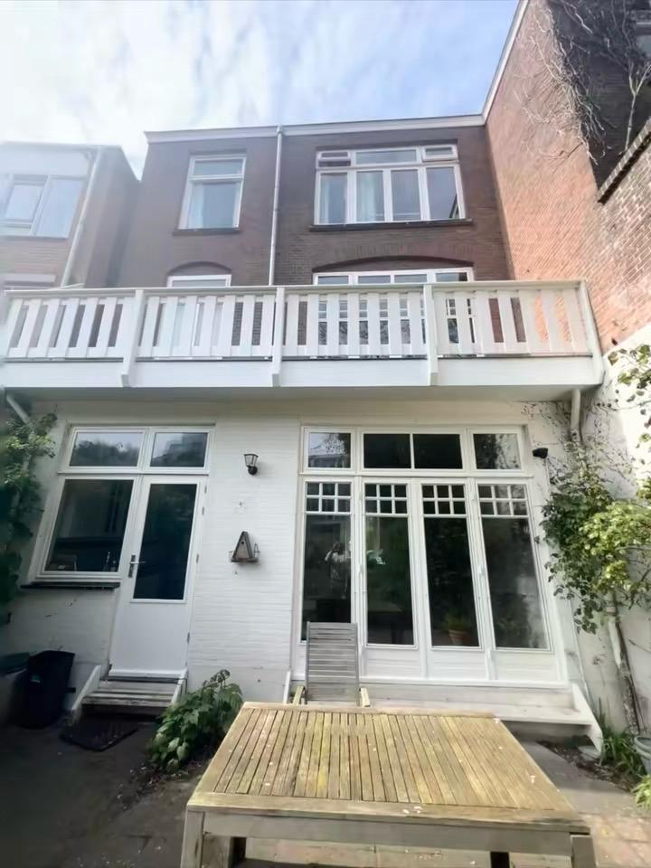 Achtergevel woning in Den Haag met geschilderde deuren en balkonhek