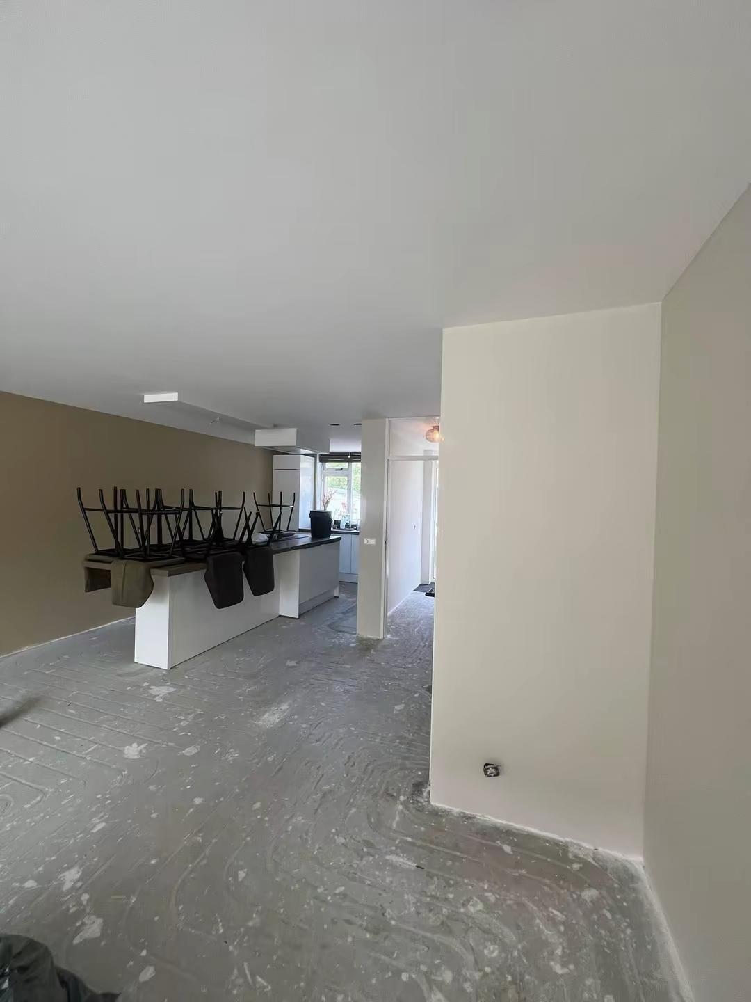Woonkamer en keuken met geschilderde wanden en plafond in Zoetermeer